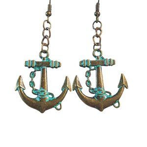 Bronze Anchor Chain Nautical Dangle Earrings Patina Finish Hook Back Beach Core